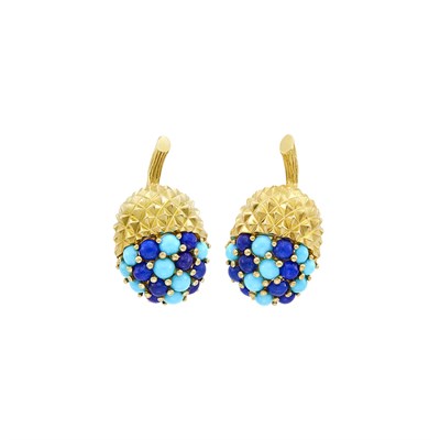 Lot 146 - Tiffany & Co. Pair of Gold, Turquoise and Lapis Acorn Earclips