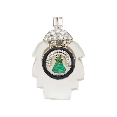 Lot 110 - White Gold, Platinum, Carved Rock Crystal and Green Glass, Diamond and Black Onyx Pendant, France