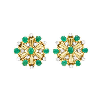 Lot 13 - Aletto Brothers Pair of Gold, Cabochon Emerald and Diamond Earclips
