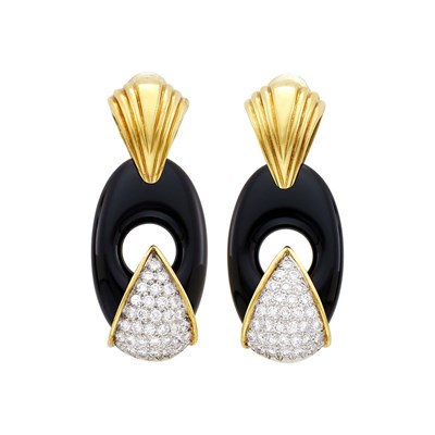 Lot 8 - Spritzer and Fuhrmann Pair of Two-Color Gold, Black Onyx and Diamond Earclips