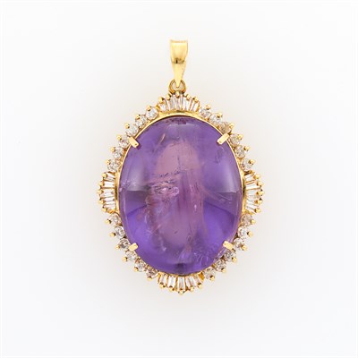 Lot 1163 - Gold, Cabochon Amethyst and Diamond Pendant