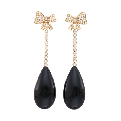 Lot 140 - Pair of Rose Gold, Diamond and Black Onyx Pendant-Earrings