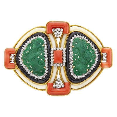 Lot 10 - Gold, Carved Jade, Coral, Black Onyx and Diamond Pendant Clip-Brooch