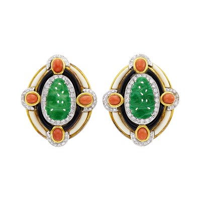 Lot 12 - Pair of Gold, Carved Jade, Coral, Black Onyx and Diamond Earclips