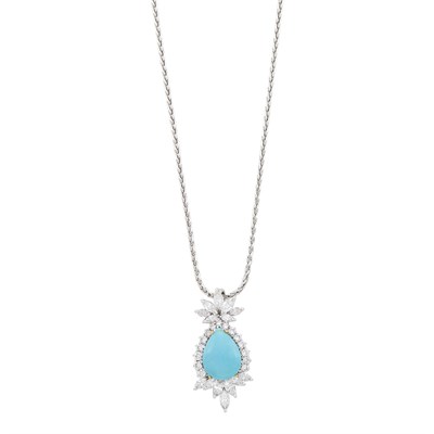 Lot 28 - White Gold, Turquoise and Diamond Pendant with Chain Necklace