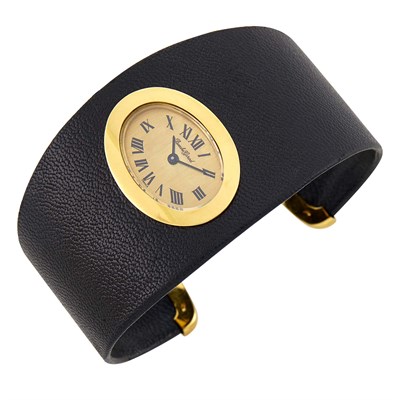 Lot 5 - Bueche Girod Leather and Gold Cuff Bracelet-Watch, France