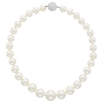 Lot 29 - South Sea Cultured Pearl Necklace with White Gold and Diamond Ball Clasp