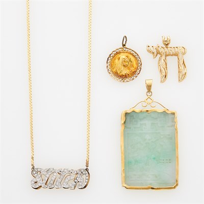 Lot 1143 - Gold and Diamond Pendant-Necklace, Two Gold Pendants and Carved Jade Pendant