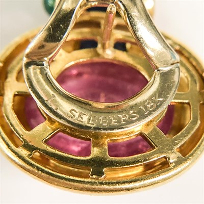 Lot 24 - Pair of Gold, Cabochon Pink Tourmaline, Sapphire and Cabochon Emerald Earrings