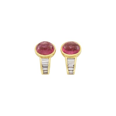 Lot 56 - Pair of Gold, Cabochon Pink Tourmaline and Diamond Earclips