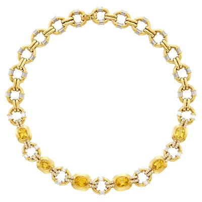 Lot 53 - Two-Color Gold, Citrine and Diamond Necklace