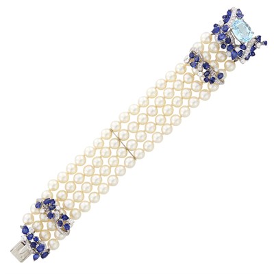 Lot 91 - Four Strand Cultured Pearl, White Gold, Aquamarine, Sapphire and Diamond Bracelet, France