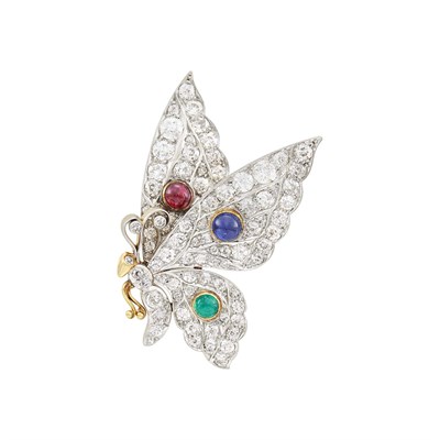 Lot 175 - Platinum, Gold, Cabochon Ruby, Sapphire and Emerald Butterfly Brooch