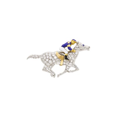 Lot 1063 - Two-Color Gold, Diamond and Enamel Race Horse and Jockey Pin