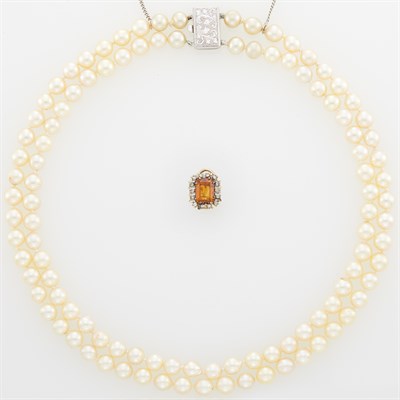 Lot 1176 - Single Gold, Citrine and Diamond Earring and Double Strand Cultured Pearl Necklace with Silver Clasp