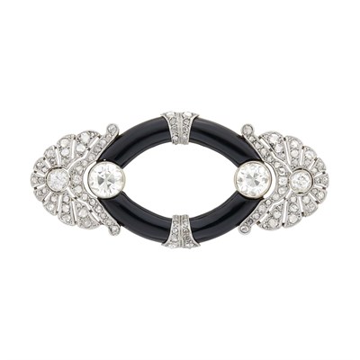 Lot 113 - Platinum, Gold, Diamond and Black Onyx Brooch
