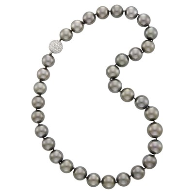 Lot 106 - Tahitian Black Cultured Pearl Necklace with White Gold and Diamond Ball Clasp