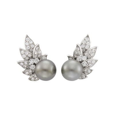 Lot 107 - Pair of White Gold, Tahitian Gray Cultured Pearl and Diamond Earclips