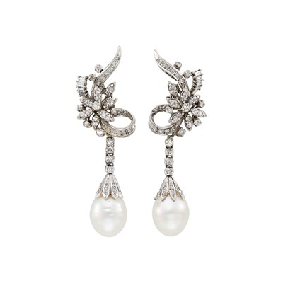 Lot 1052 - Pair of Palladium, Diamond and Cultured Pearl Pendant-Earclips