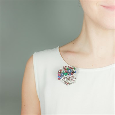 Lot 177 - Platinum, Gold, Diamond and Gem-Set Flower Basket Brooch