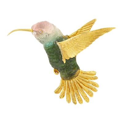 Lot 59 - Zadora Gold and Carved Watermelon Tourmaline Hummingbird Clip-Brooch