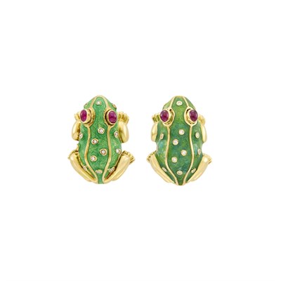 Lot 70 - David Webb Pair of Gold, Green Enamel, Diamond and Cabochon Ruby Frog Earclips