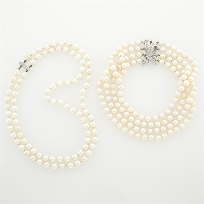 Lot 1177 - Four Strand and Double Strand Cultured Pearl Necklaces with Platinum, White Gold and Diamond Clasps