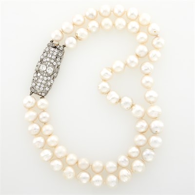 Lot 1044 - Double Strand Semi-Baroque Cultured Pearl Necklace with Platinum and Rhodium-Plated White Gold Clasp