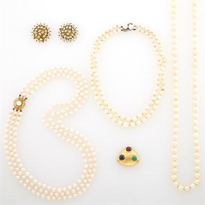 Lot 1175 - Three Cultured Pearl Necklaces, Pair of Freshwater Pearl Earclips and Single Gold and Gem-Set Earclip