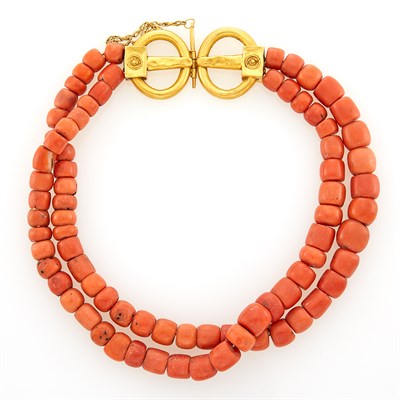 Lot 1003 - Double Strand Coral Bead Necklace with Gold Clasp