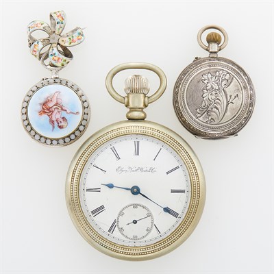 Lot 1235 - Silverine Open Face Pocket Watch, Silver and Metal Pendant-Watch and Enamel Bow and Cherub Lapel-Watch