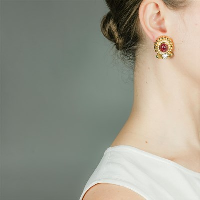 Lot 61 - Pair of Two-Color Gold, Cabochon Pink Tourmaline, Emerald and Diamond Earclips