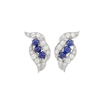 Lot 162 - Pair of Platinum, Cabochon Sapphire and Diamond Earclips