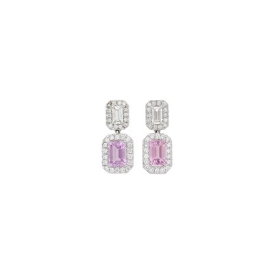 Lot 100 - Pair of Platinum, Pink Topaz and Diamond Pendant-Earrings