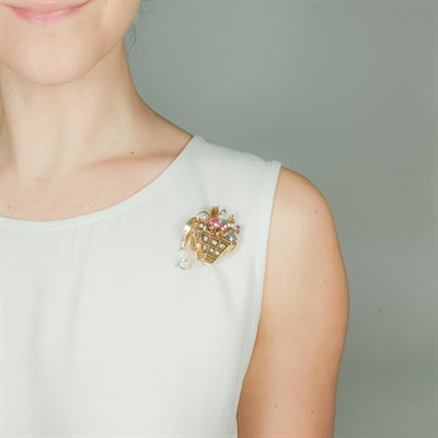 Lot 74 - Gold, Platinum, Sapphire, Ruby and Diamond Flower Lapel Watch-Clip, France