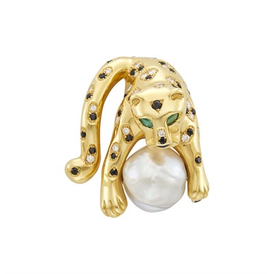 Lot 15 - Gold, South Sea Baroque Cultured Pearl, Black Onyx, Diamond and Emerald Panther Clip-Brooch