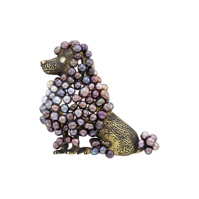 Lot 108 - Julius Cohen Oxidized Gold, Multicolored Freshwater Pearl and Diamond Poodle Brooch