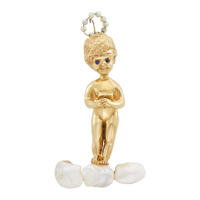 Lot 1038 - Ruser Gold, Baroque Freshwater and Cultured Pearl and Diamond 'Sabbath Child' Brooch