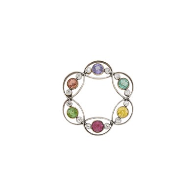 Lot 1065 - Antique Gold, Platinum, Multicolored Tourmaline, Purple Spinel and Diamond Circle Pin
