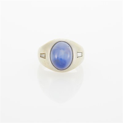 Lot 1051 - Gentleman's White Gold, Star Sapphire and Diamond Gypsy Ring