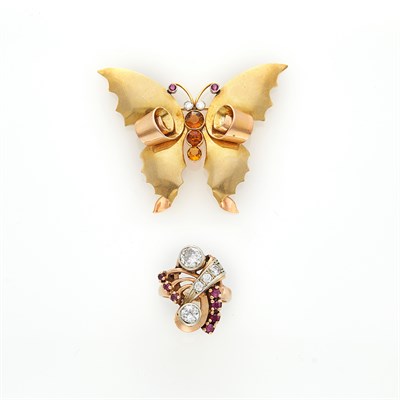 Lot 1156 - Gold, Diamond and Synthetic Ruby Ring and Tiffany & Co. Two-Color Gold, Citrine and Diamond Butterfly Pin