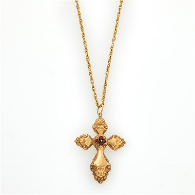 Lot 1154 - Bohemian Low Karat Gold and Garnet Cross Pendant with Gold Chain Necklace
