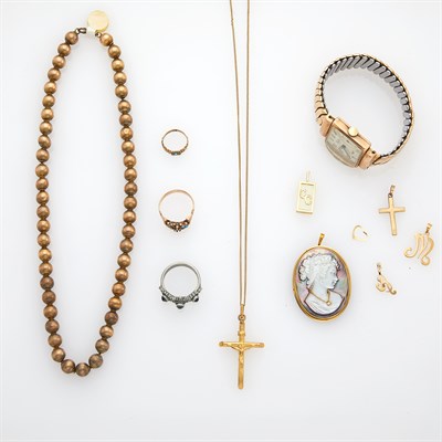 Lot 1229 - Group of Gold, Low Karat Gold and Silver Jewelry