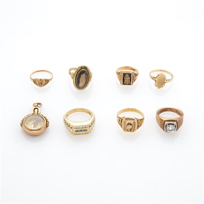Lot 1152 - Group of Gold, Low Karat Gold and Gold-Filled Rings and Compass Fob