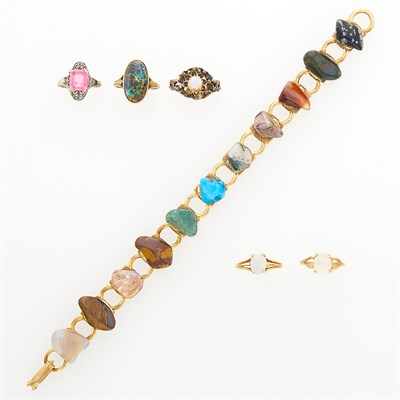 Lot 1148 - Four Gold and Opal Rings, Silver-Gilt and Tumbled Hardstone Bracelet and Low Karat Gold and Simulated Stone Ring