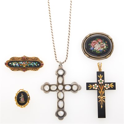 Lot 1248 - Group of Antique Gold, Silver and Micromosaic Jewelry