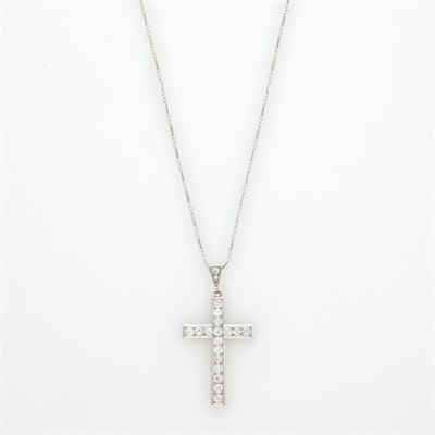 Lot 1055 - Platinum and Diamond Cross Pendant with White Gold Chain Necklace
