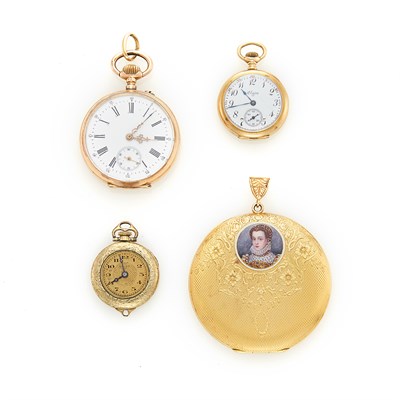 Lot 1192 - Three Gold, Gold-Filled and Metal Pocket and Pendant-Watches and Gold and Portrait Watch Case