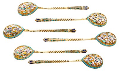 Lot 149 - Set of Six Russian Silver-Gilt and Cloisonné...
