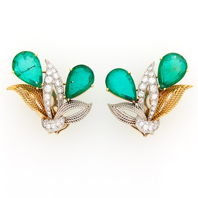 Lot 123 - Pair of Gold, Platinum, Green Glass Doublet and Diamond Earclips